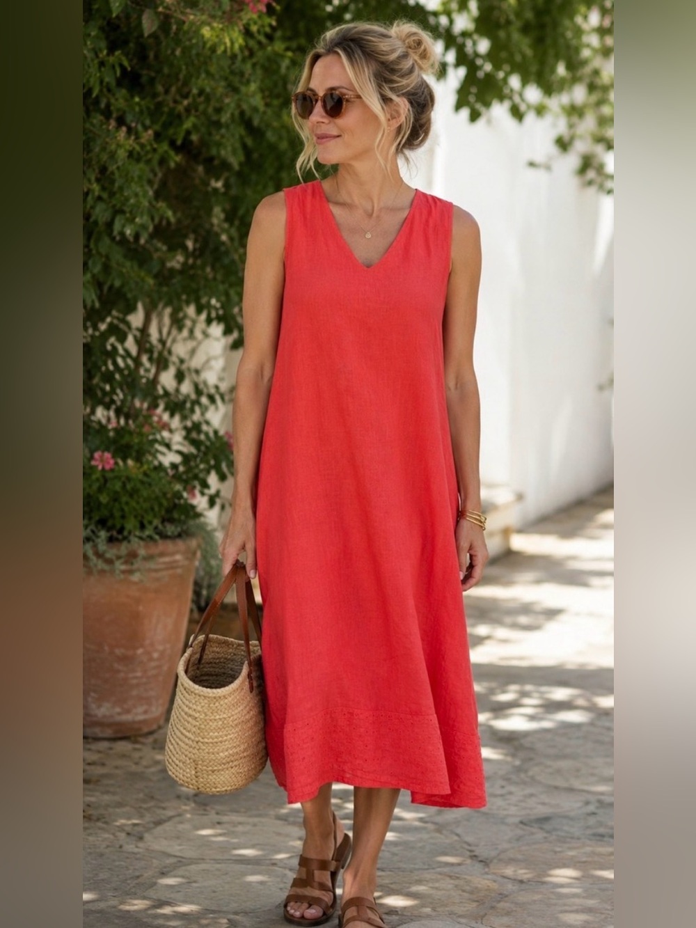 Sleeveless V-Neck Red Linen Blend Dress